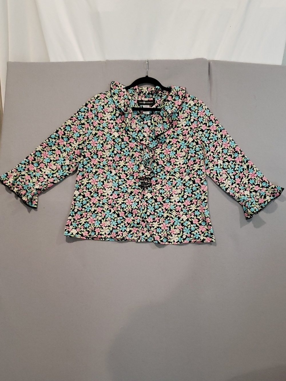 Sag Harbor Black Floral Ruffle-Trim Blouse with Pink & Blue Flowers